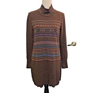 Peruvian Connection Sweater Dress M Brown Fair Isle Mock Neck 100% Pima Cotton